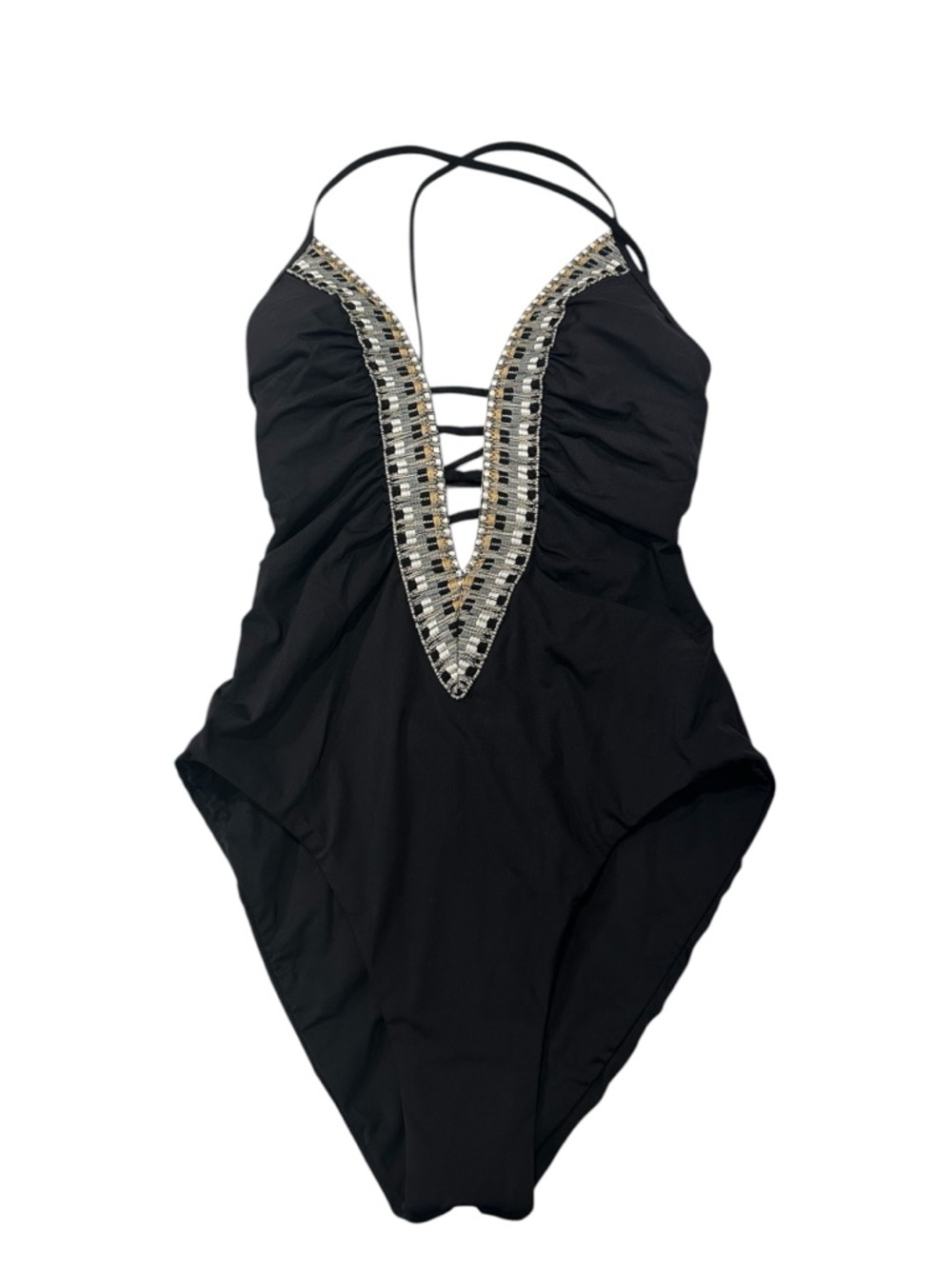 NWT Becca Fiesta Plunge One-Piece Swimsuit Med $138 Embroidered Summer Boho
